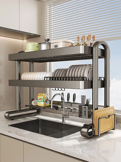 Stainless Steel Double Layer Kitchen Shelf with Dishes Plates Pots and Utensils Storage Organizer 3d model 
