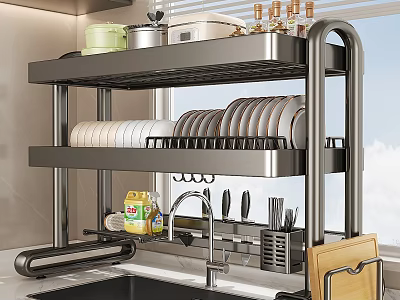 Stainless Steel Double Layer Kitchen Shelf with Dishes Plates Pots and Utensils Storage Organizer 3d model