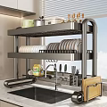 Stainless Steel Double Layer Kitchen Shelf with Dishes Plates Pots and Utensils Storage Organizer