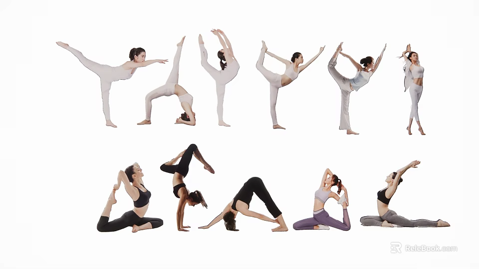 Group of Women Practicing Various Yoga Poses in Different Stretching Positions 3d model 