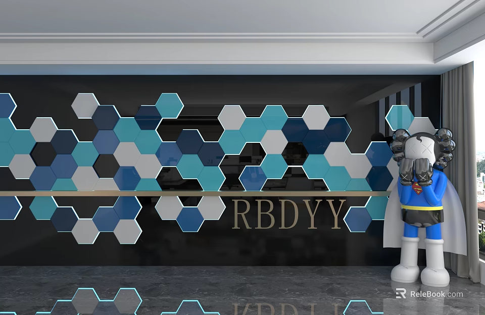 Modern Background Wall With Hexagonal Blue White Gray Pattern And RBDYY Lettering 3d model