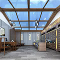 Modern Interior Space With Glass Doors Skylight Wooden Walls And Decorative Paintings