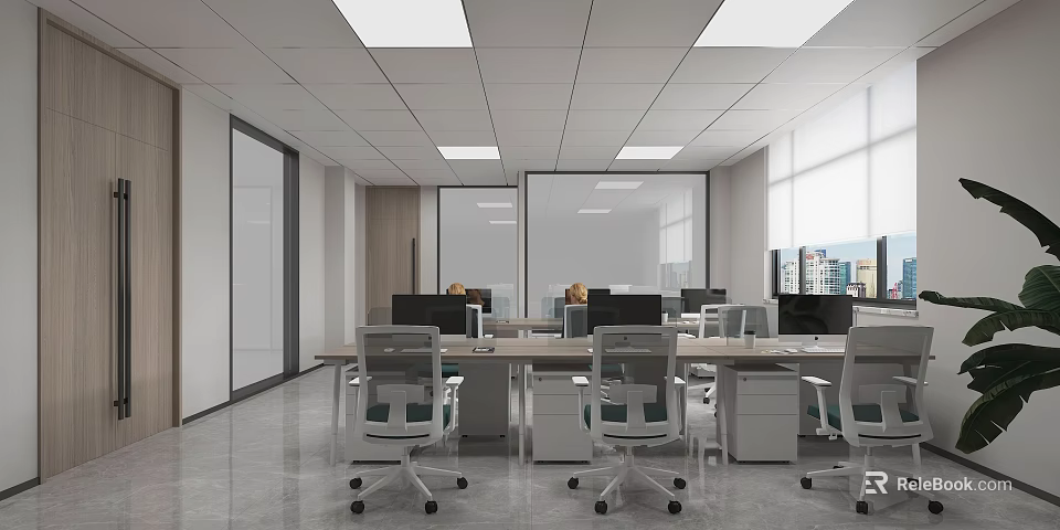 Modern Open Public Office Space With Desks Computers And Natural Light Through Windows 3d model