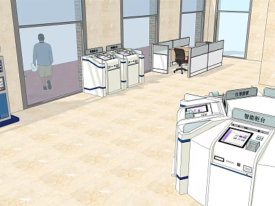Bright Spacious Service Hall Interior With Self Service Counters And Service Windows 3d model