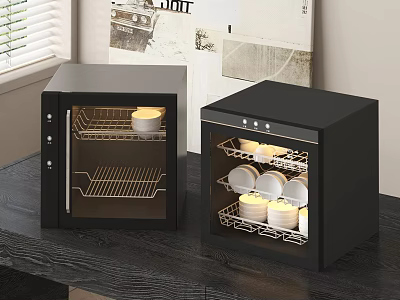 Black Compact Kitchen Appliances with Interior Lighting for Storing Dishes and Cups on Countertop 3d model
