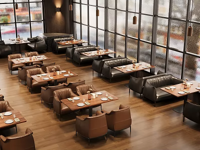 Modern Restaurant Interior With Dining Tables Leather Sofa Seats Wooden Floors And Large Windows 3d model