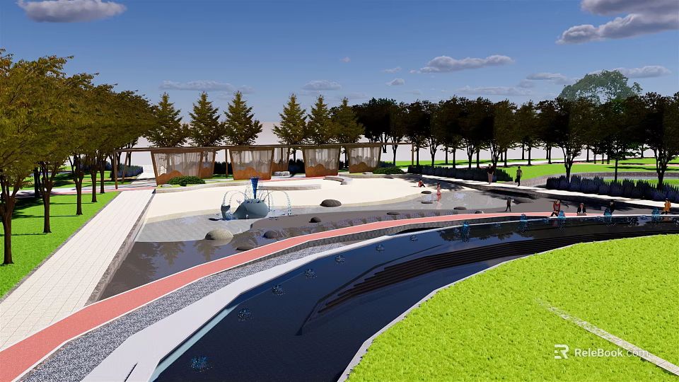 Serene Park Landscape With Winding Paths Green Lawns Water Features And Shade Trees 3d model 