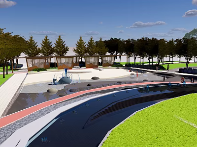 Serene Park Landscape With Winding Paths Green Lawns Water Features And Shade Trees 3d model