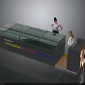 Modern Exhibition Stand With Two People Various Colored Panels Blue Top And Smooth Reflective Surface