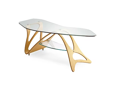 Modern Glass Top Desk With Unique Wooden Frame And Open Lower Shelf Design 3d model