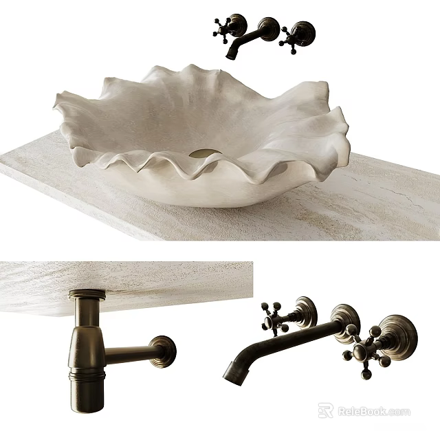 Petal Shaped Above Counter Bathroom Sink With Light Colored Countertop And Vintage Brass Faucet 3d model 