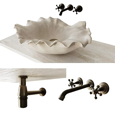Petal Shaped Above Counter Bathroom Sink With Light Colored Countertop And Vintage Brass Faucet 3d model
