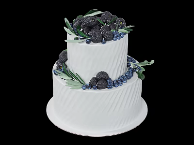 Two Tiered White Cake Decorated With Fresh Blackberries Blueberries And Green Leaves 3d model