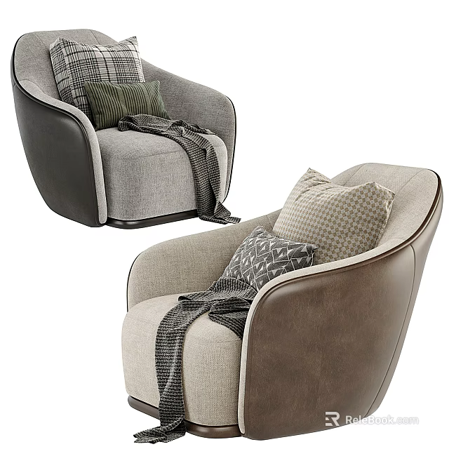 Gray And Beige Fabric Armchairs With Leather Armrests Plaid Geometric Pillows And Cozy Blankets 3d model 