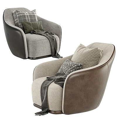 Gray And Beige Fabric Armchairs With Leather Armrests Plaid Geometric Pillows And Cozy Blankets 3d model
