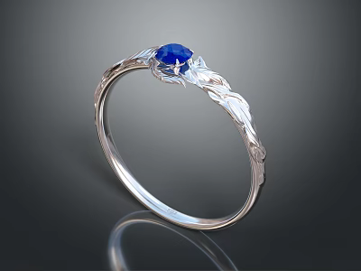 Elegant Silver Ring With Blue Gemstone And Leaf Pattern Design For Daily Use 3d model
