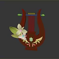 Wooden Lyre Musical Instrument With Golden Decorations White Orchid And Green Leaves