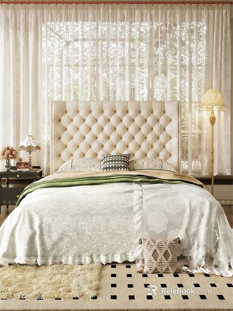 Elegant Double Bed With Beige Tufted Headboard White Bedspread And Green Blanket 3d model 