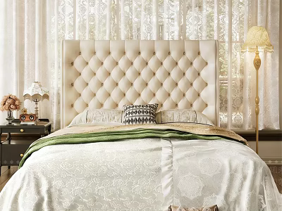 Elegant Double Bed With Beige Tufted Headboard White Bedspread And Green Blanket 3d model