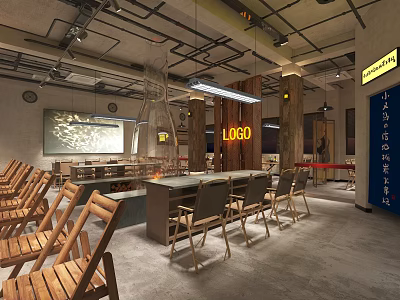 Industrial Style Hotpot Restaurant Interior With Wooden Tables Chairs Hanging Lamps And Open Kitchen 3d model