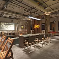 Industrial Style Hotpot Restaurant Interior With Wooden Tables Chairs Hanging Lamps And Open Kitchen