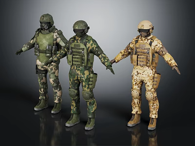 Three Military Characters In Different Camouflage Uniforms With Tactical Gear And Helmets 3d model