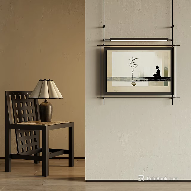 Minimalist Abstract Painting Hanging On Wall With Wooden Chair And Table Lamp 3d model 