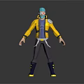 Game and Movie Character With Blue Green Hair Mask Yellow Jacket Gray Pants And Boots