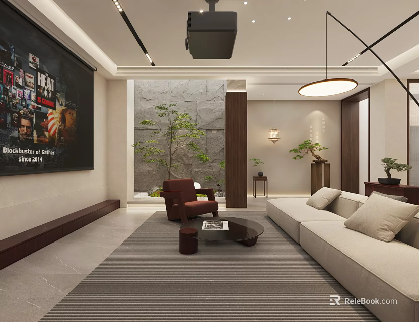 Modern Zen Style Living And Dining Interior With Cozy Sofa Home Theater And Indoor Greenery 3d model 