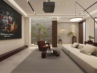 Modern Zen Style Living And Dining Interior With Cozy Sofa Home Theater And Indoor Greenery 3d model