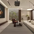 Modern Zen Style Living And Dining Interior With Cozy Sofa Home Theater And Indoor Greenery