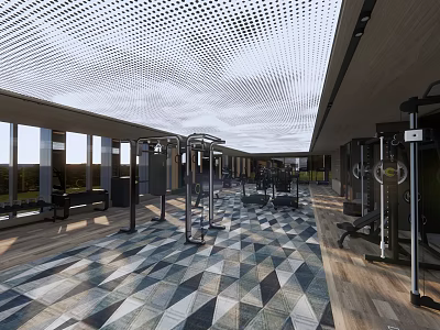Modern Gym Interior With Perforated Ceiling Open Space Large Windows Fitness Equipment And Colorful Floor 3d model