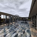 Modern Gym Interior With Perforated Ceiling Open Space Large Windows Fitness Equipment And Colorful Floor
