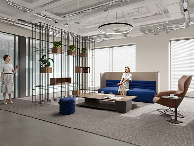 Modern Lounge Area Interior With Blue Sofa Hanging Plants Coffee Table And Large Windows 3d model