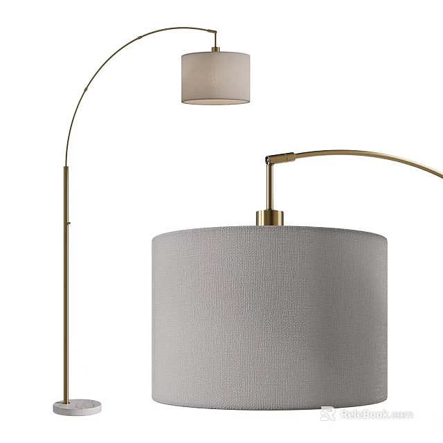 Modern Brass Arched Floor Lamp With Gray Fabric Shade For Living Room 3d model 