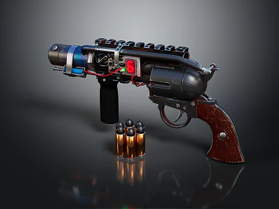 Detailed Revolver With Wooden Grip Metal Components Blue Red Accents And Copper Bullets 3d model