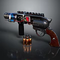 Detailed Revolver With Wooden Grip Metal Components Blue Red Accents And Copper Bullets