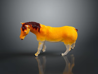 Yellow Toy Horse With Red Mane Standing On Dark Background With Reflection 3d model