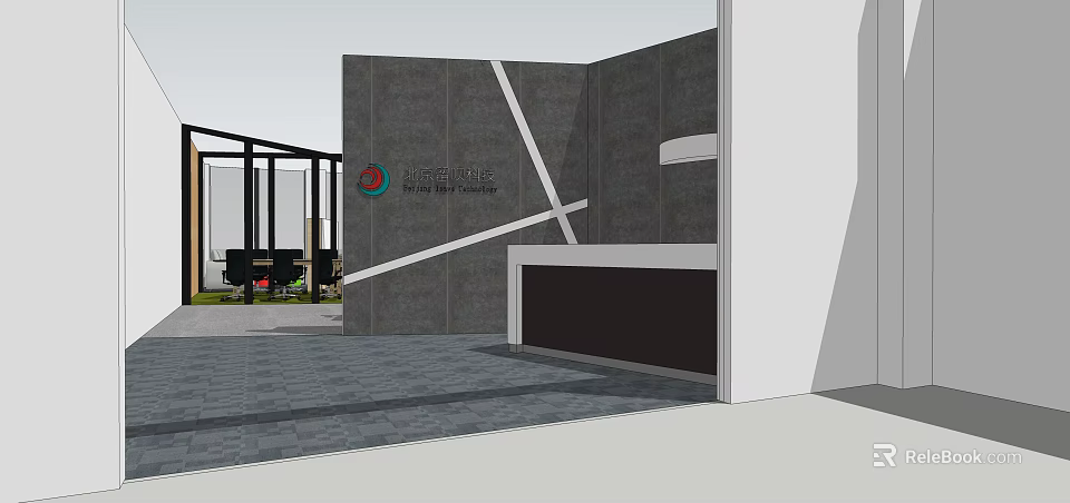 Modern Front Desk Reception Area With Gray Wall White Lines And Company Logo 3d model 