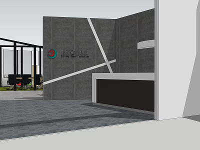 Modern Front Desk Reception Area With Gray Wall White Lines And Company Logo 3d model