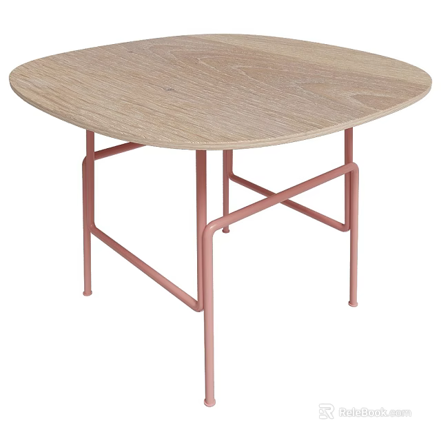 Modern Wooden Top Coffee Table with Pink Metal Cross Legs Design 3d model 