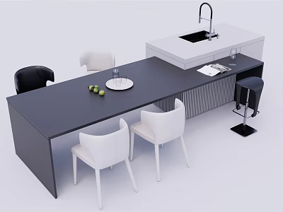 Modern Bar Counter With Black Top White Chairs Stools Sink And Plate Area 3d model