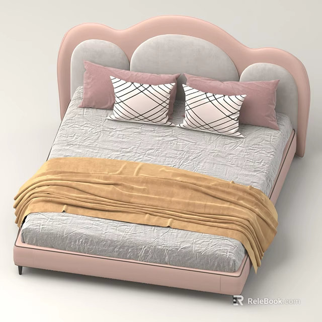 Cute Pink Heart Shaped Bed With Pink Pillows Plaid Pillows Gray Sheet And Yellow Blanket 3d model 