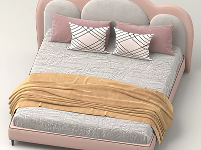 Cute Pink Heart Shaped Bed With Pink Pillows Plaid Pillows Gray Sheet And Yellow Blanket 3d model