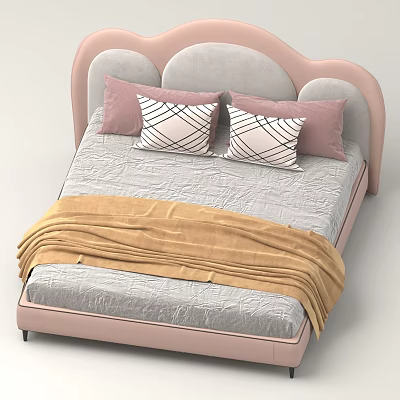 Cute Pink Heart Shaped Bed With Pink Pillows Plaid Pillows Gray Sheet And Yellow Blanket 3d model