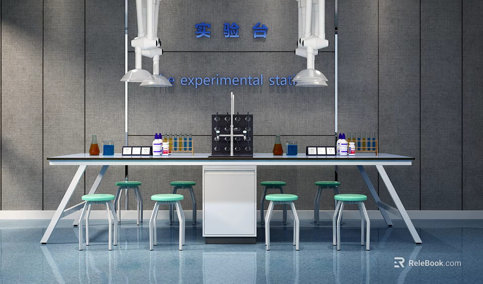 Modern Laboratory Functional Table With Hanging Lamps Beakers Test Tubes And Green Stools 3d model 