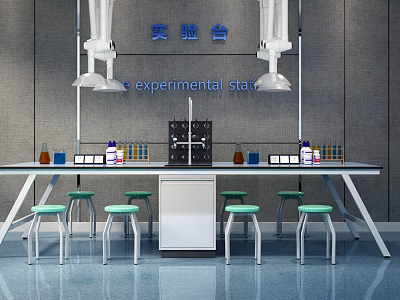 Modern Laboratory Functional Table With Hanging Lamps Beakers Test Tubes And Green Stools 3d model