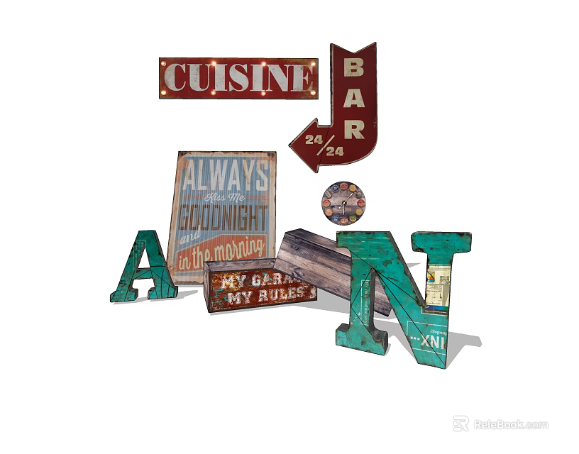 Vintage Decorative Ornament Set With Cuisine Bar Signs Always Afternoon Letters And My Girl My Pride Plaques 3d model 
