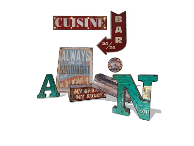 Vintage Decorative Ornament Set With Cuisine Bar Signs Always Afternoon Letters And My Girl My Pride Plaques 3d model