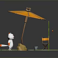 3D Scene Featuring White Cat Orange Umbrella Chair Fishing Rod On Green Lily Pad Platforms